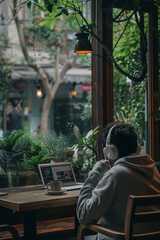 man is working on his laptop outside of it. Shot from a distance. In the style of documentary photography 