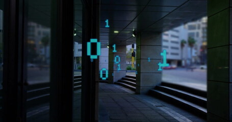 Image of binary coding and data processing over cityscape
