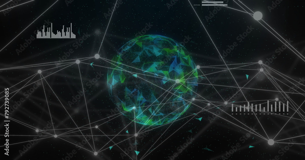 Poster image of network of connections with diagrams over globe of shapes