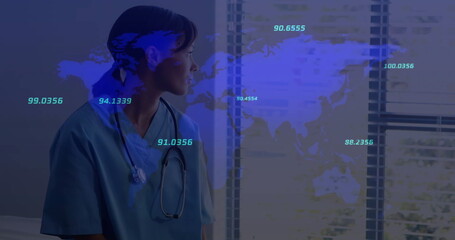 Image of financial data processing with world map over biracial female doctor
