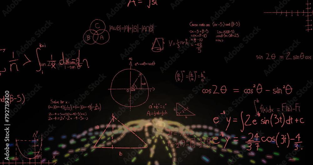 Poster image of mathematical data processing over light trails on black background