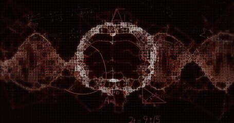 Image of mathematical data processing over human brain on black background