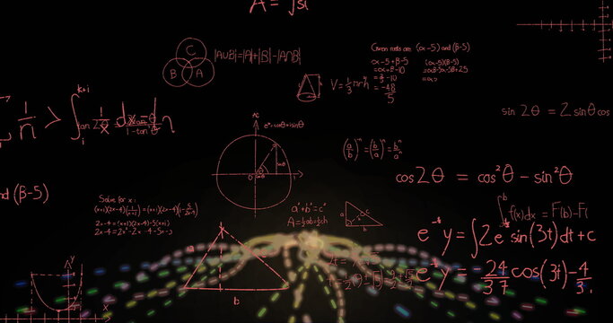Image of mathematical data processing over light trails on black background