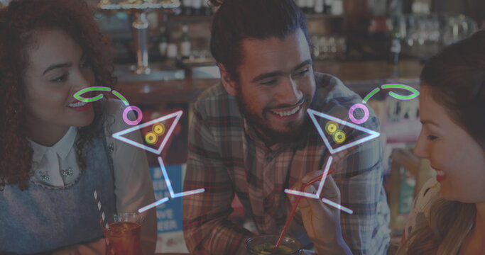 Image of neon cocktail glasses flashing over smiling friends making toast in bar