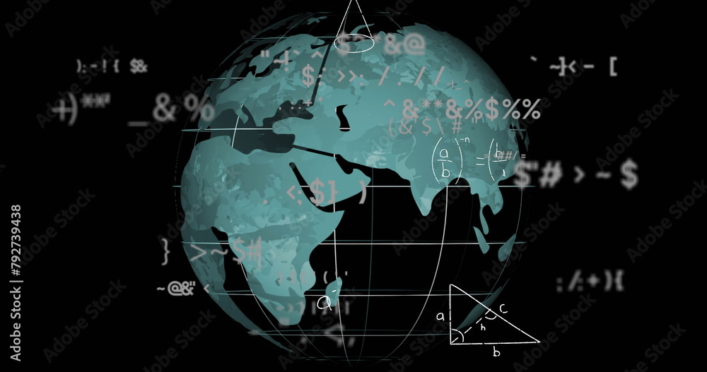 Poster image of mathematical data processing over globe on black background