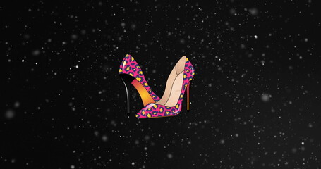 Image of women's pink, leopard print high heeled shoes on starry night sky