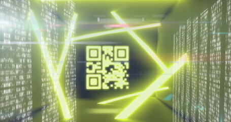 Image of qr code over neon shapes and moving columns on black background