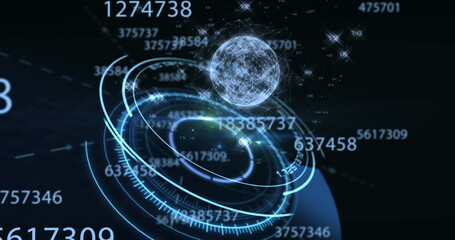 Image of numbers, data processing and globe on black background