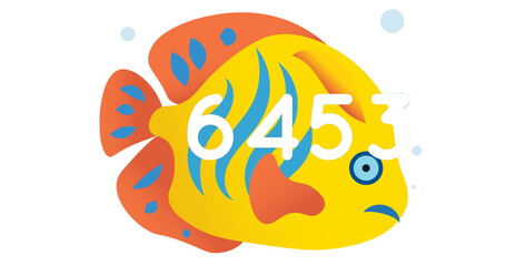Image of numbers and fish icon over white background