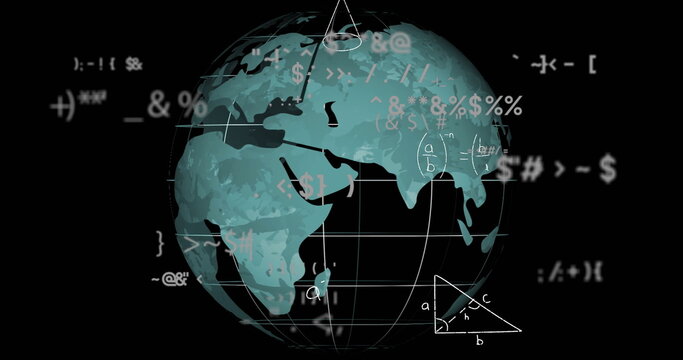 Naklejki Image of mathematical data processing over globe on black background