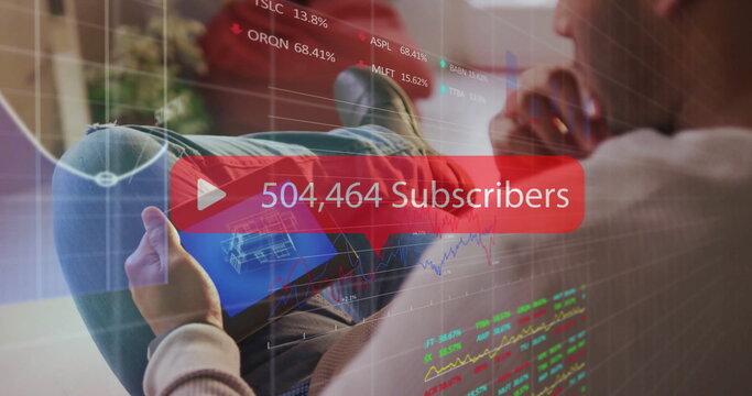 Image of subscriber text with numbers, woman using smartphone and financial data processing