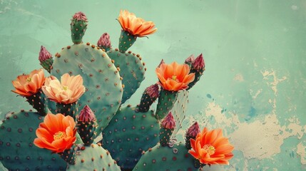 Close up of blooming orange cactus plant with green spiky leaves on blurred background
