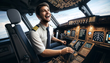 Portrait of smiling plane captain in uniform preparing flight in plane cabin