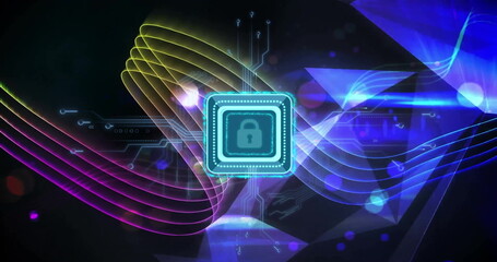 Image of padlock icon with computer circuit board over light trails on black background