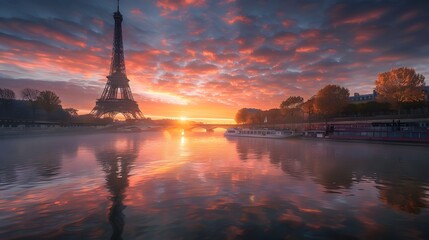 Fototapeta premium Eiffel Tower by the river at sunset