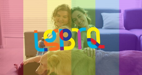 Image of lgbtq over happy caucasian lesbian couple with dog at home - obrazy, fototapety, plakaty