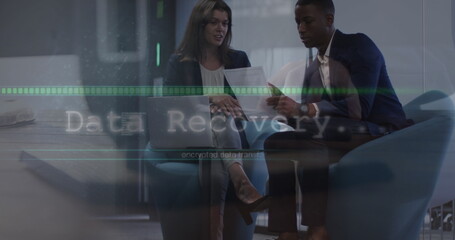 Image of financial data processing over diverse business people working in office