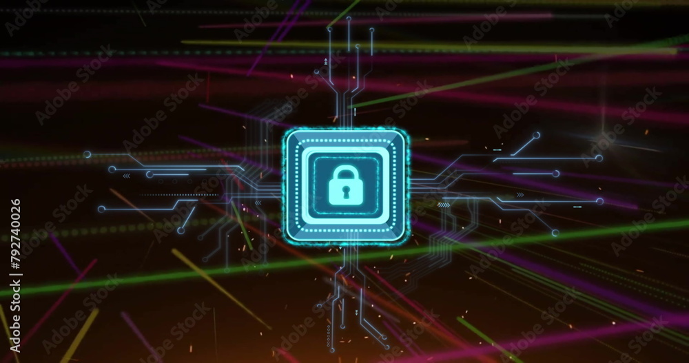 Poster image of padlock icon with computer circuit board over light trails on black background