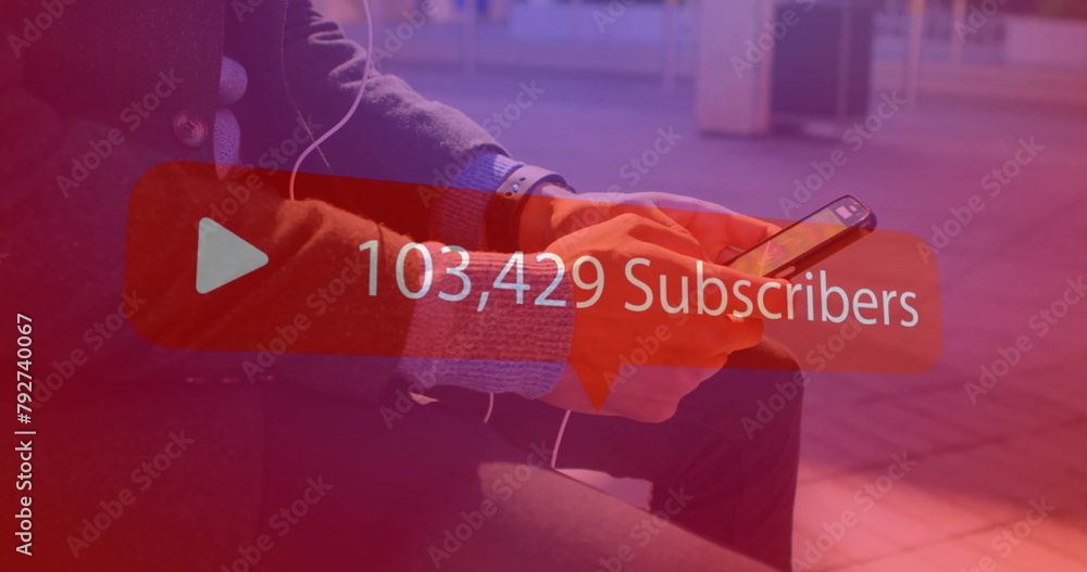 Poster image of subscribers text with growing number over caucasian man using smartphone