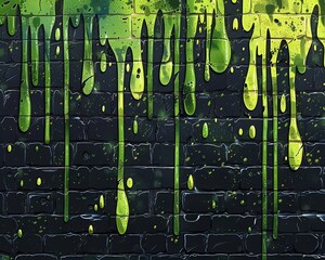 Natures Influence A cartoon drawing of a pattern of green paint dripping down a black brick wall, resembling a rectangular art piece created by natures own organism, a terrestrial plant, in a whimsica - obrazy, fototapety, plakaty