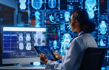 In a high-tech lab, a female doctor examines brain scans on a digital tablet with DNA structures in the background