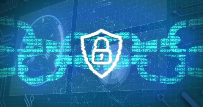 Image of digital shield with padlock and block chain on blue background