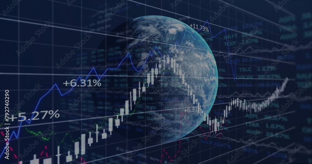 Aufkleber image of financial data processing over globe on dark background