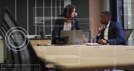 Image of data processing over diverse male and female business colleague in meeting