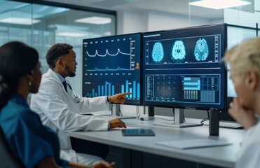 Three healthcare workers examining detailed brain scan images on multiple monitors in a medical office