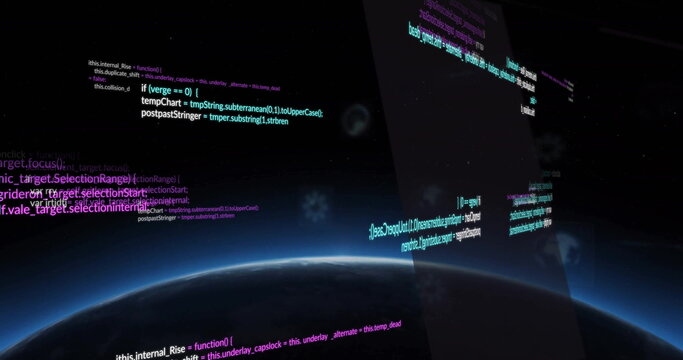Image of data processing over globe and networks on black background