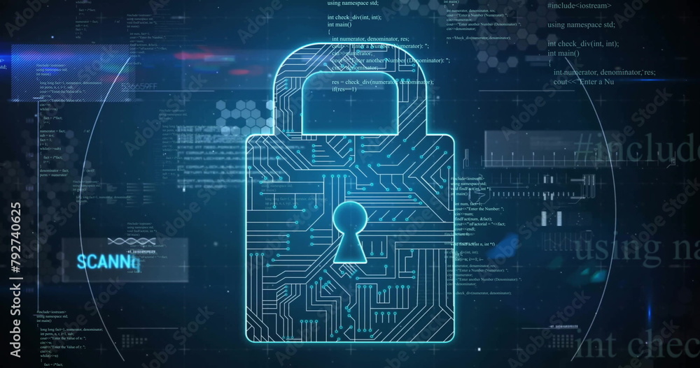 Poster image of motherboard security padlock and messages over data processing on black background