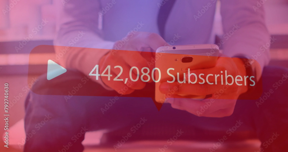 Poster image of subscribers text with growing number over caucasian man using smartphone