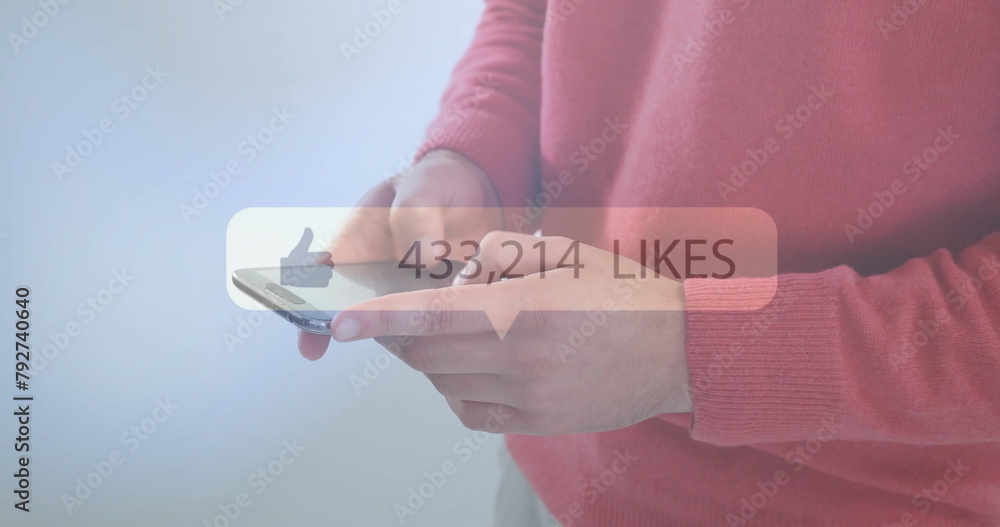 Poster image of likes text with growing number over caucasian man using smartphone