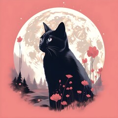 An image of black cat in the moonlight and flowers, in the style of light red and navy, cloudcore, vibrant illustrations, realistic, ominous, low resolution, warm tonal range