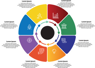 Collection of vector circle chart infographic templates for presentations, advertising, layouts, annual reports. 8 options, steps, parts
