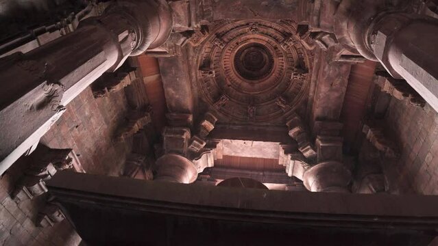 Pan shot of carvings on wall of ancient hindu temples at Bhojeshwar temple in Bhopal of Madhya Pradesh India