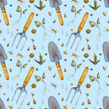 Watercolor garden tools seamless pattern on a blue background, farmhouse wrapping paper, vegetables, vintage element, trowel, rake, pruning shears, seeds, soil, plants with roots, ant