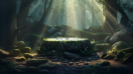 Concept art of an empty podium in the center, surrounded by trees and stones,