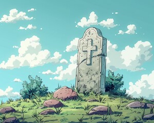 Rest in Peace A cartoon drawing of a gravestone with a cross standing tall in the cemetery, under an electric blue sky full of fluffy cumulus clouds The scene is a reminder of the fleeting nature of l - obrazy, fototapety, plakaty
