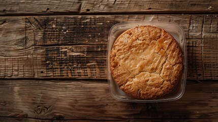 A plastic container holding biscuit cake placed on a wooden table, seen from above. - obrazy, fototapety, plakaty