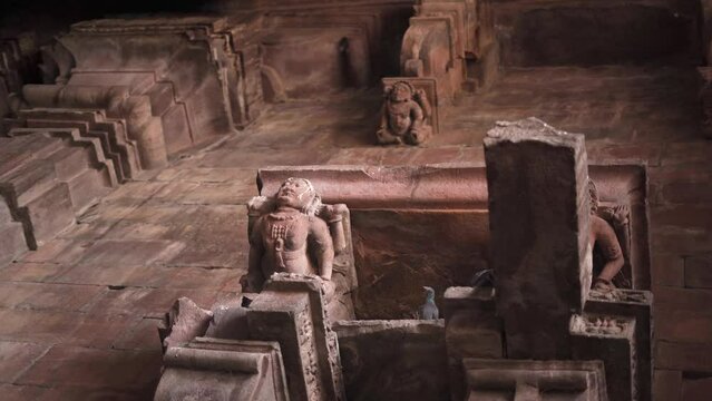 Pan shot of carvings on wall of ancient hindu temples at Bhojeshwar temple in Bhopal of Madhya Pradesh India