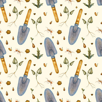 Watercolor garden tools seamless pattern on beige background, wrapping paper, farmhouse fabric, vegetables, vintage element, trowel, rake, pruning shears, seeds, soil, plants with roots, ant