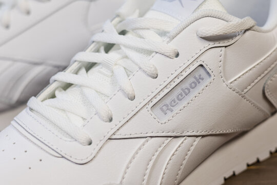 KYIV, UKRAINE - April 20, 2024 : White Reebok Classic Leather sneakers or trainers.
