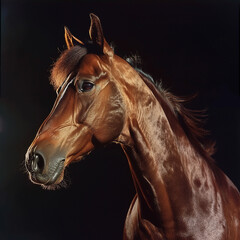 A close up of a brown horse's head on a black background.

