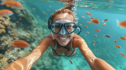 Fototapeta premium A woman in a snorkel and goggles swimming through the water, AI