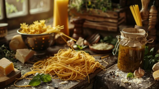 The image shows a collection of items including dried spaghetti, cooked pasta in a colander, a jar