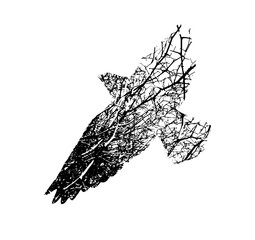Tree silhouette with birds flying. Not AI, Vector illustration
