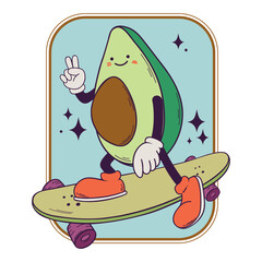 Smiling avocado on skateboard. Vector hand drawn illustration for patch; t-shirt;  to promote a healthy and active lifestyle among children