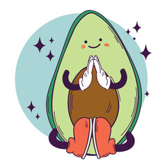 Smiling avocado in yoga position. Vector hand drawn illustration for patch; t-shirt; poster