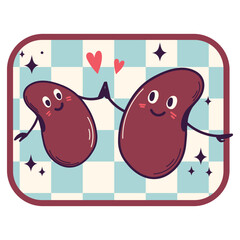 Hand drawn retro vector illustration of happy couple of beans on checkered background